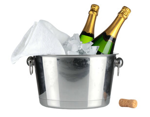 Champagne bottles in a silver bucket with ice and a napkin