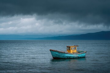 A weathered fishing boat rests on a placid lake under a brooding sky