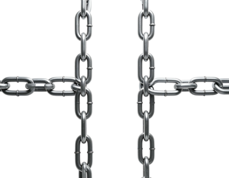 Two intersecting metal chains against black background