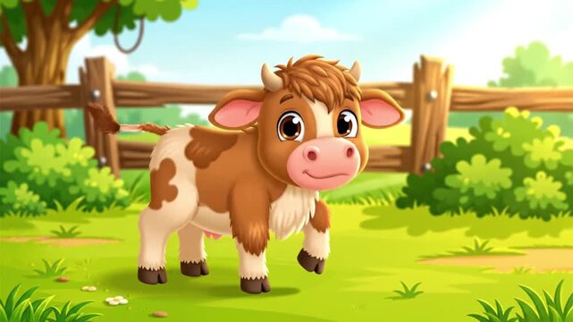 Cartoon illustration of a cute brown and white cow standing in a green meadow with a wooden fence and trees in the background.