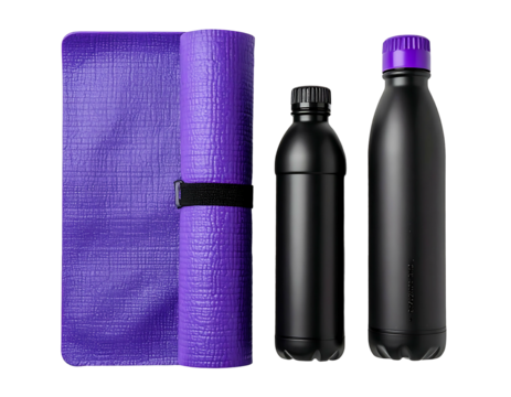 Rolled purple yoga mat beside a black water bottle