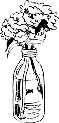 Black and white line drawing of flowers in a bottle