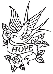coloring book dove with hope banner and flowers for kids coloring page