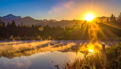 Sunrise over a misty lake with mountains