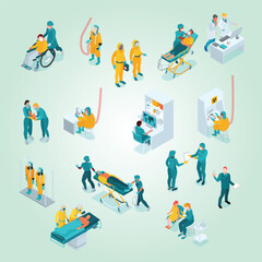 Isometric Detailed Medical Staff Treating Patient Illustration in Diverse Scenarios