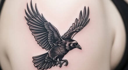 A realistic black ink tattoo of a raven in mid-flight, its wings spread wide and detailed feathers clearly visible against pale skin.