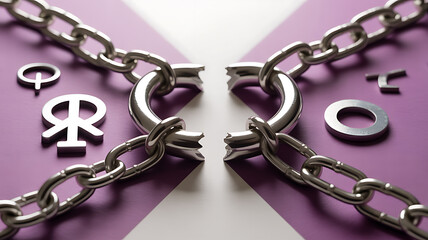 Broken chain links with gender symbols on a purple and white background
