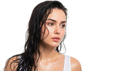 A young woman with wet hair and glowing skin, looking to the side with a thoughtful expression isolated on transparent background