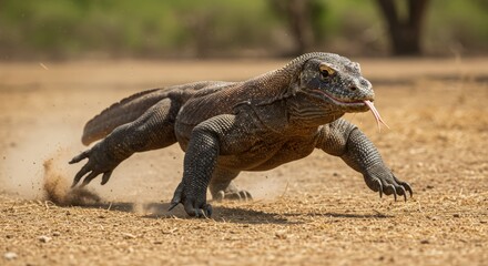 Fototapeta premium Komodo dragon running through dry landscape