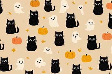 Cute Halloween cats and ghosts pattern