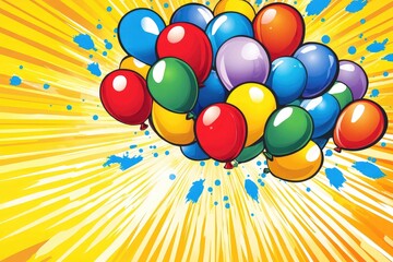 Colorful balloons on bright yellow background with blue splatters