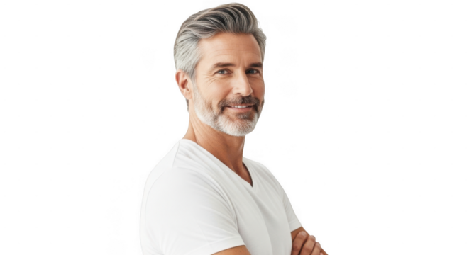 A handsome, mature man with graying hair and beard, wearing a white tshirt, arms crossed isolated on transparent background
