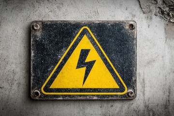 Closeup of a weathered bolted warning sign featuring a yellow lightning bolt symbol on a black background