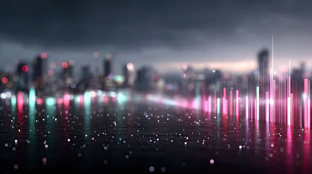 Abstract Cityscape Financial Graph Background with Glowing Pink and Teal Bars on Dark Wet Surface under Cloudy Sky