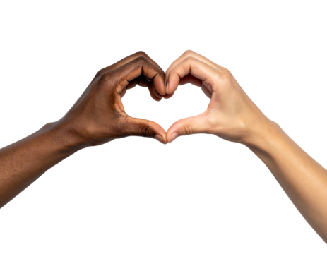Two hands, one dark-skinned, one light-skinned, forming a heart shape