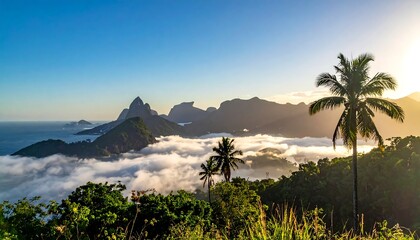 Sunrise over a misty tropical landscape