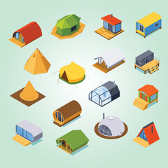 Isometric Isolated Glamping Structure with Different Tent and Cabin Style © enggartiasto
