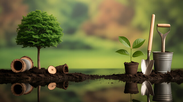 Gardening tools and young plants on soil with reflection, symbolizing environmental care and reforestation