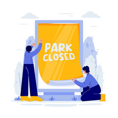 People Putting Park Closed Notice on Billboard Vector Illustration