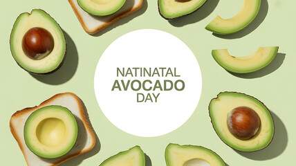 Avocado slices and toast arranged around a central text circle celebrating Avocado Day on a green background