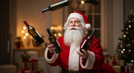 Santa claus juggling wine bottles