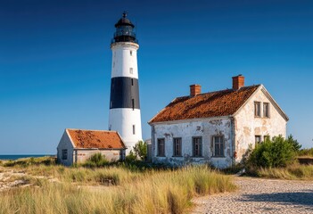 Lighthouse and cottage on a sunny beach