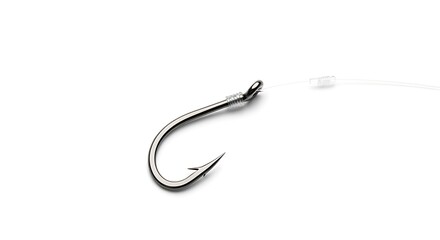 A sharp fishing hook with a clear fishing line, isolated on white background