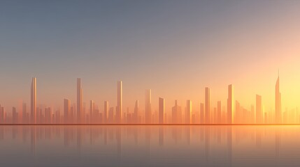 Fototapeta premium Golden Cityscape Silhouette at Sunset with Soft Light and Reflection, featuring Modern Architecture Against a Gradient Sky in Warm Tones