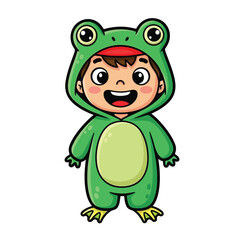 Obraz premium Vector illustration of happy cartoon child wearing a frog costume