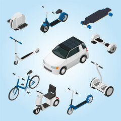 Isometric Electric and Personal Mobility Vehicle Technology Illustration with Clean Energy Car © enggartiasto