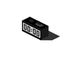 Pixel art of a black digital alarm clock showing 00:00, displayed in isometric view with a visible shadow.