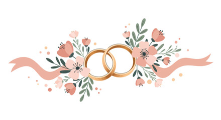 Elegant wedding rings adorned with delicate flowers and ribbon, symbolizing love and commitment in a beautiful floral arrangement, perfect for invitations, decorations, and wedding stationery