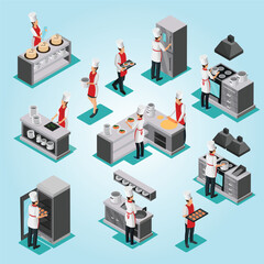 Isometric Modern Commercial Kitchen Illustration with Chef Cooking Process Scene