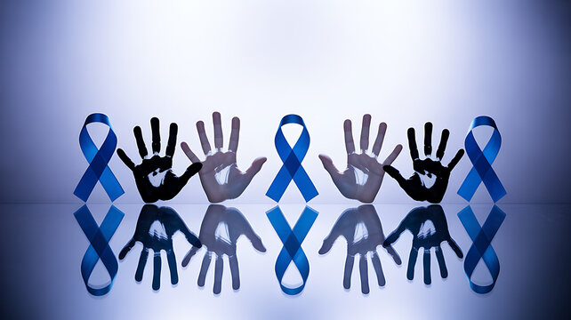 Blue awareness ribbons and handprints arranged in a row with reflection on a glossy surface
