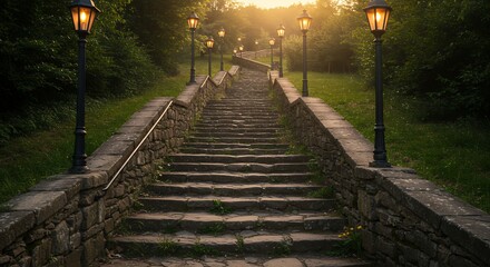 Stone stairs leading upward through lush landscaping