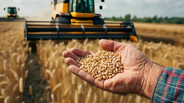 Generative AI. Senior farmer holding a handful of golden wheat grains in a field, with harvesting machinery in the background, showcasing agricultural practices and the importance of crop production