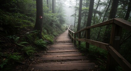 Wooden stairs through misty forest