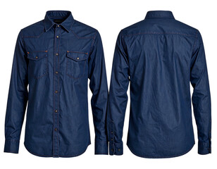 Front and back view of a dark navy blue button-down shirt