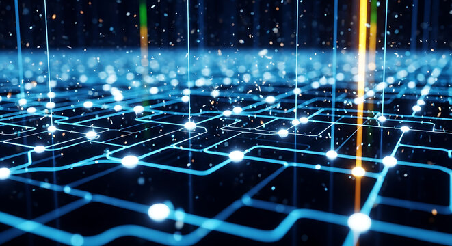 Futuristic Cyber Data Grid With Neon Nodes - Powered by Adobe