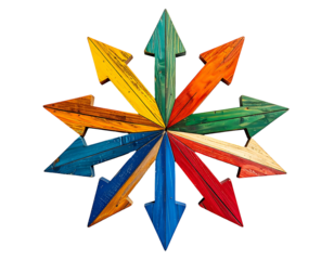 Colorful wooden arrows radiating outward in a starburst pattern