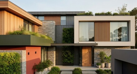 Modern architectural residence featuring a multi-level facade with natural wood accents, stone cladding, and integrated vertical gardens, showcasing contempo...