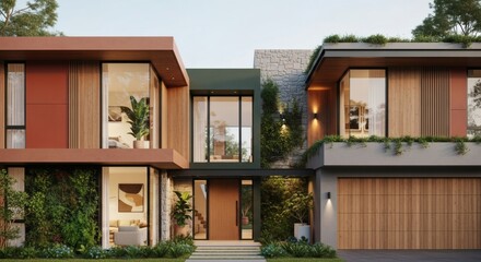 Fototapeta premium Modern luxury residence with geometric architectural design, featuring expansive glass windows, natural wood accents, and lush greenery integrated into the facade.