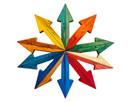 Colorful wooden arrows radiating outward in a starburst pattern
