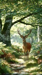 Naklejka premium Deer in forest pathway