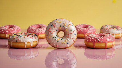 Colorful donuts with white and pink frosting and sprinkles arranged on a reflective surface against a yellow background