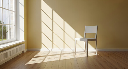 Fototapeta premium Vibrant yellow room with wooden floors and a sunlit window. wallpaper, Bright rays cast warm shadows around a white chair and a radiator. 