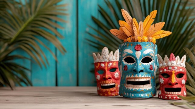 Vibrant tiki masks evoke tropical culture and festive celebrations in stylized presentation