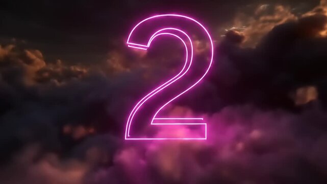A neon pink number two hovers above a dramatic sky full of clouds.