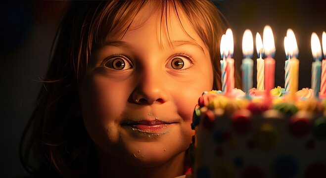 Adorable little girl celebrates her birthday with a vibrant cake and glowing candles, creating a magical and unforgettable moment