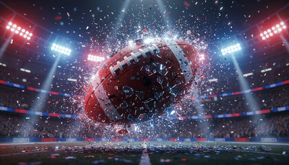 motion scene of American Football in Stadium, atmosphere, glowing red and blue lights with glistening specular highlights.